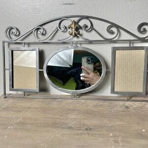 Vtg Iron Garden Triple Frame Wall Mirror Fleur De Lis‎ Metal Gray Gold 20x11